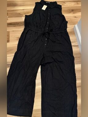 Women’s plus Sleeveless Collared black Button linen Jumpsuit Tie Waist size 26